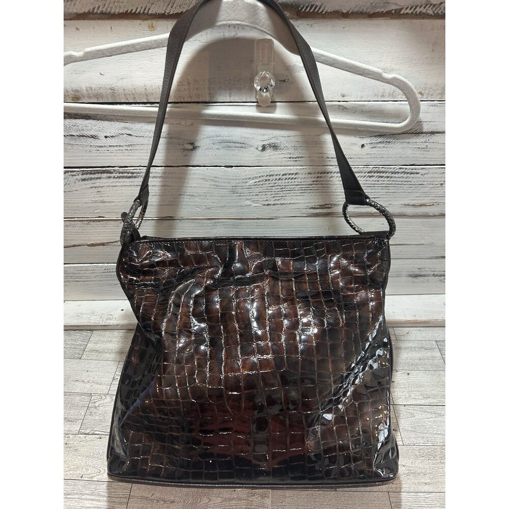 BRIGHTON Cher Handbag Bronze Brown Croc Patent Leather Shoulder Bag Orange Lined - Picture 2 of 10